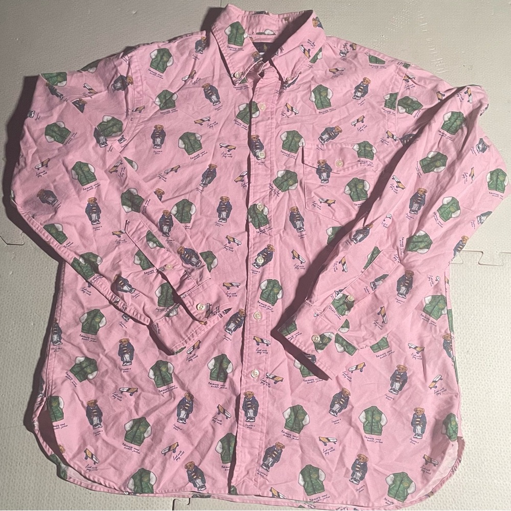 Ralph Lauren Pink Button-Down Shirt with Green Polo Bear & Jacket Print